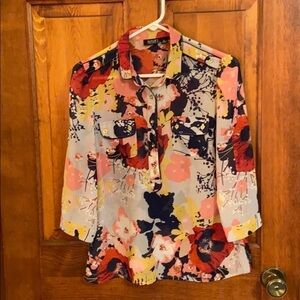 A.N.A.  Henley Floral Splash Dressy Casual Gold Button Summer/Spring Blouse PM
